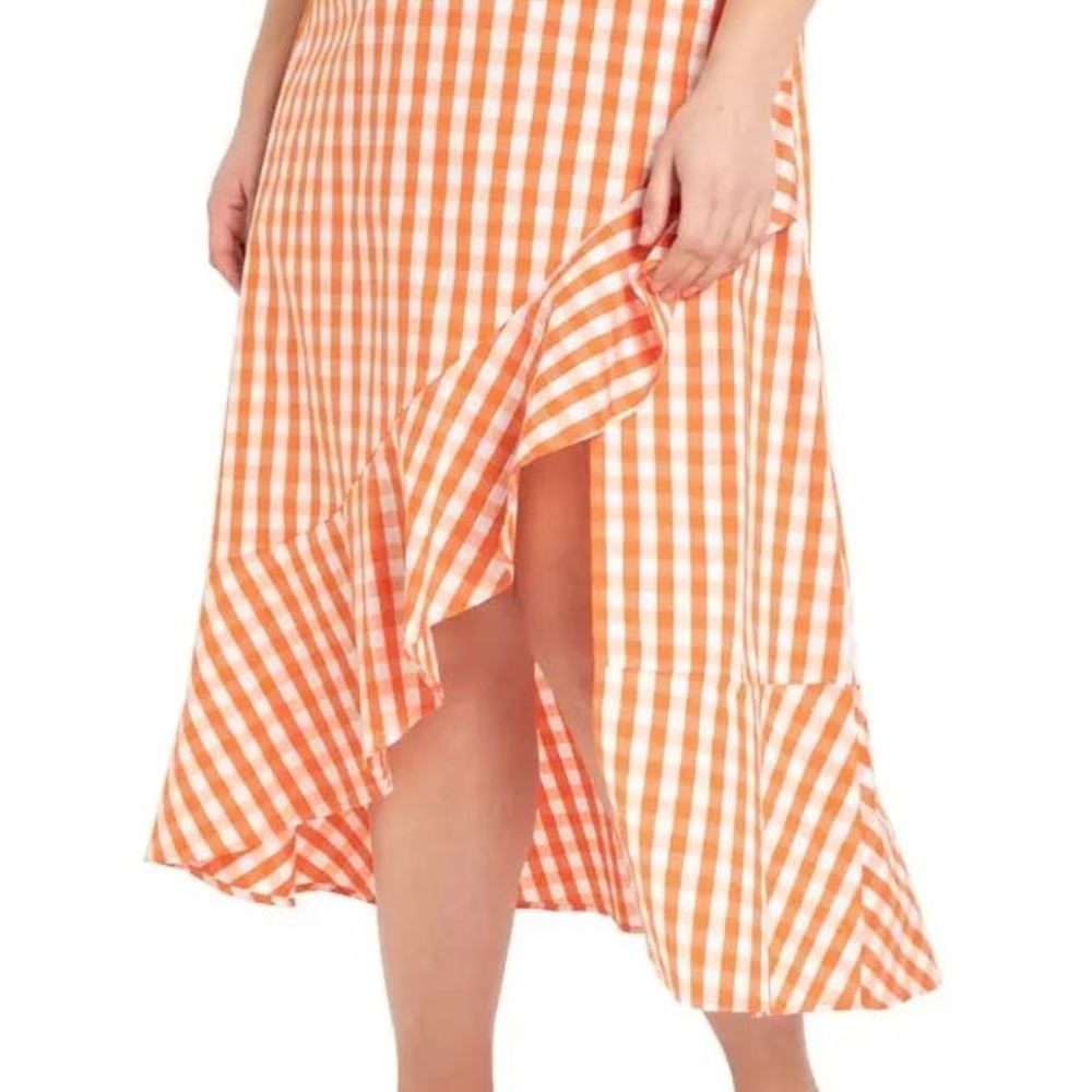ELOQUII Plus Size 24 Orange White Gingham Asymmetrical Ruffle Midi Skirt